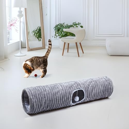 FORMYCATIE Luxurious Cat Tunnel,43" Straight Cat Tunnel Bed with Balls,Cat Toys for Indoor Cats,Collapsible Peekaboo Cat Cave for Kitten Toys (Gray Stripe)
