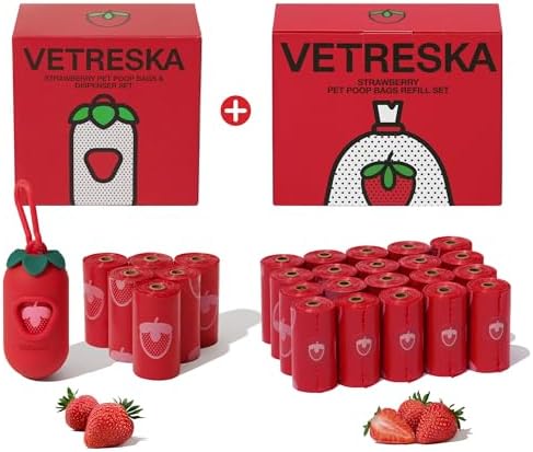 VETRESKA Dog Poop Bag Dispenser with Strawberry Scented Bags, Leak Proof, Extra Thick and Large Pet Waste Bags,1 Count Bag Holder and 405 Bags (27 Refill Rolls) for Walking Dog and Cats Litter, Red