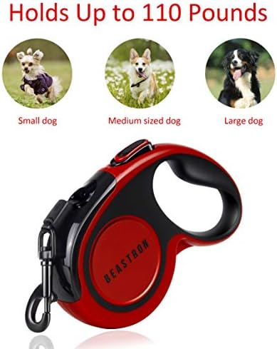 Upgraded Retractable Dog Leash, 16" Extra Long Tangle-Free Reflective Nylon, Small to Medium Dogs up to 110lbs, Waste Bags and Dispenser Included (Red)