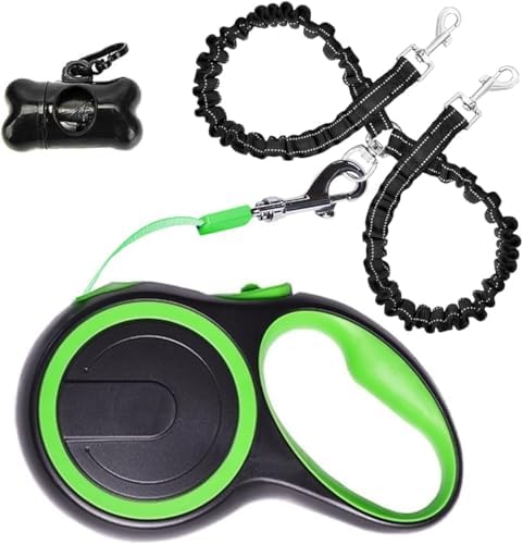 Dual Retractable Dog Leash for 2 Dogs - 16ft Heavy-Duty Retractable Leash for Small to Medium Dogs up to 44lbs, One-Hand Control with Lock & Brake, Anti-Tangle Design & Non-Slip Grip (Green)
