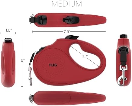 TUG Monochrome 360° Tangle-Free Retractable Dog Leash | 16 ft Strong Nylon Tape (Medium, Red)