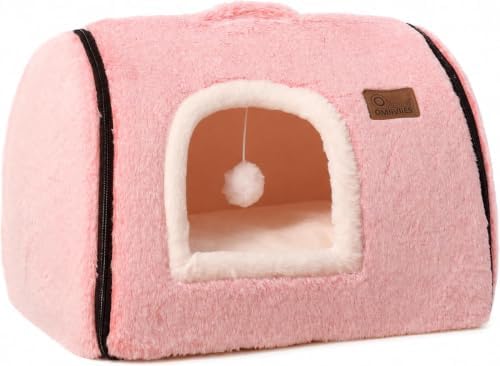 cat Bed cave-cat beds for Indoor Cats,Soft and Comfortable Cute cat Bed，cat House,with Removable Washable Cushioned Pillow,Enclosed pet Bed,Kitty pet hut、Hideaway,Small Large Dog Tent (Pink)