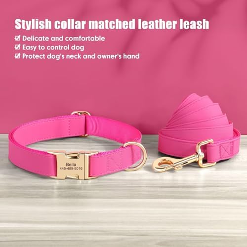 PET ARTIST Personalized Dog Collars, Custom Engraved Dog Collar with Silent Name Tag, Gold Quick Released Buckle & Soft Nylon Padded, 9 Colors & Matching Leash for Small Dogs,Hot Pink,S Fit 9-14"