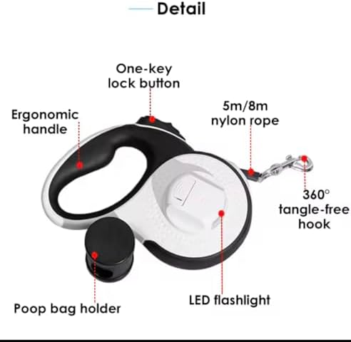 Retractable Dog Leash with LED Light for Night Walking – 16ft Tangle-Free Leash with Poop Bag Dispenser, One-Button Lock, Reflective Handle