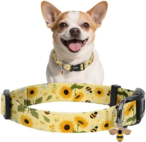 Kazazoo Dog Collar Cute and Soft Nylon Puppy Collar for Boy and Girl Dogs, Adjustable Dog Collars for Extra Small Dogs, Bees and Sunflowers-XS