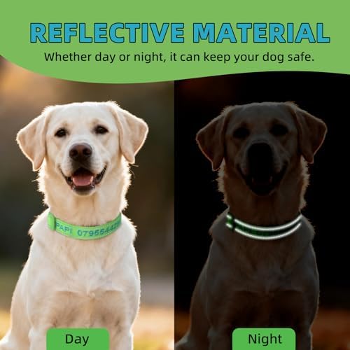 Custom Nylon Reflective Dog Collar, Personalized Embroidered Dog Collar with Name and Phone Number, Upgraded D-Shaped Leather Ring, 4 Adjustable Sizes - for Boy, Girl Dogs (Embroidery)