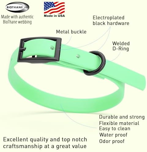 Dogline Biothane Waterproof Dog Collar Strong Coated Nylon Webbing with Black Hardware Odor- Proof for Easy Care Easy to Clean High Performance Fits Small Medium or Large Dogs, Sea Foam Green