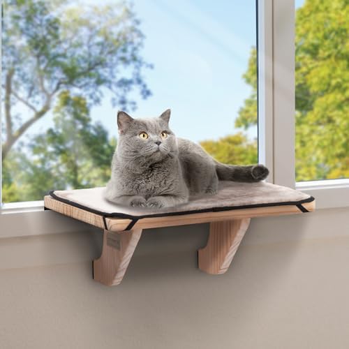 PETSFIT Cat Window Perch, Solid Wood, Fleece Mat, Windowsill Bedside Drawer