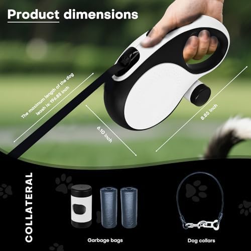 Retractable Dog Leash with Chew Proof Cable,26Ft Heavy Duty Dog Leash for Medium Large Dogs up to 110lbs,360°No Tangle,One-Handed Brake,Pause,Lock(White)