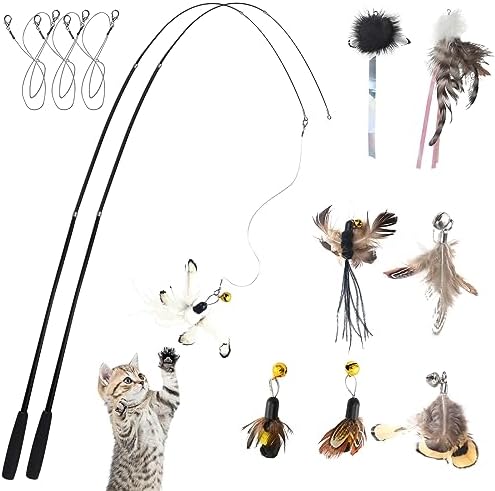 LELE LIFE 70'' Ultra Long Cat Wand Toy for Full Fun, Interactive Cat Toys for Indoor Cats Kitten, 2Pcs Retractable Flexible Poles and 8Pcs Cat Feather Toys Bell Teaser Refills, 2Pcs String Refills