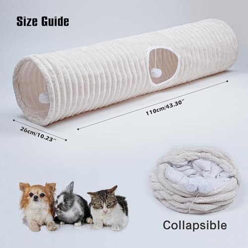 FORMYCATIE Luxurious Cat Tunnel,43" Straight Cat Tunnel Toys with Balls for Indoor,Collapsible Peekaboo Cave for Kitten （White Stripe）