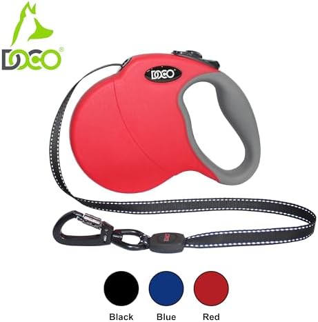 DOCO Retractable Dog Leash for Large Dogs Reflective Tape Lead with Stop and Lock Control, 360° Swivel Snap & Anti-Slip Grip Dog Leashes - Red, Length - 16’, Weight - Up to 45lb, Medium