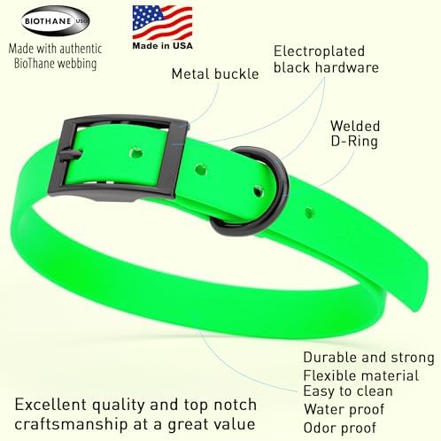 Dogline Biothane Waterproof Dog Collar Strong Coated Nylon Webbing with Black Hardware Odor- Proof for Easy Care Easy to Clean High Performance Fits Small Medium or Large Dogs, Tropical Green