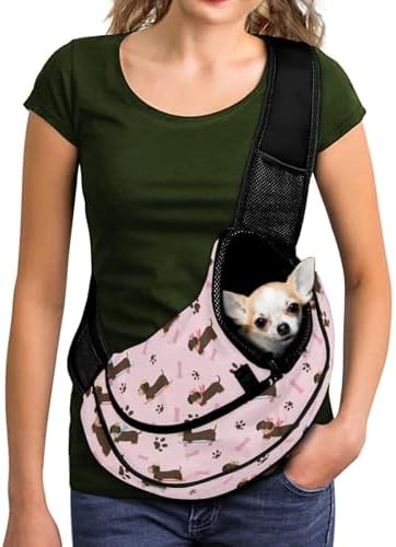 COEQINE Dog Carrier for Medium Dogs Pink Kawaii Dachshund Dog Crossbody Purse with Thick Padded Shoulder Strap Hands-Free Soft Pouch and Tote Design for Small Cats Travel