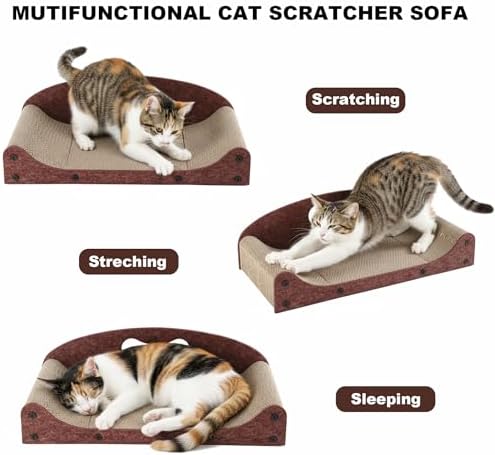 26" Cat Scratcher Bed, Large Scratcher Couch for Indoor Cats, Cardboard Scratcher Sofa, Durable Scratch Pad with Ball, Furniture Protector (Brown, Large)