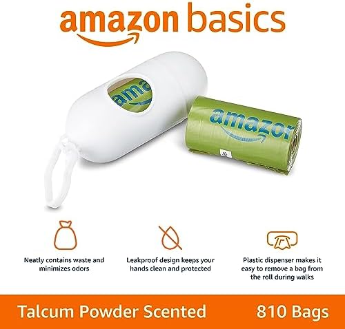 Amazon Basics Premium Leak Proof Dog Poop Bags with Dispenser and Leash Clip, Talcum Powder Scented, 13" x 9", 810 Count (54 Rolls) (Pack of 6)