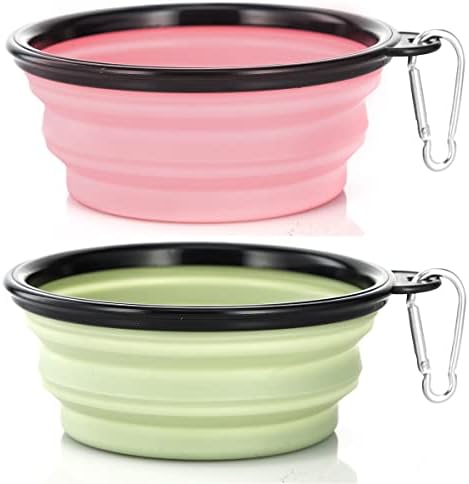 Dog Bowl Pet Collapsible Bowls, 2 Pack Collapsible Dog Water Bowls for Cats Dogs, Portable Pet Feeding Watering Dish for Walking Parking Traveling with 2 Carabiners (Small, Fairy Pink+Sprout Green)