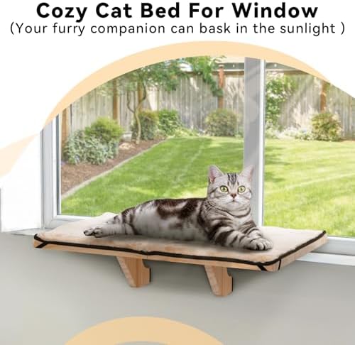 PETSFIT Cat Window Perch for 2 Cats, Adjustable, Solid Wood, Removable Mat