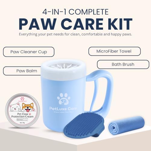 Dog Paw Cleaner, Paw Washer Cup with Soft Silicone Bristles, Portable Dog Foot Washer, 4-in-1 Paw Cleaner Kit with Paw Balm, Microfiber Towel & Grooming Brush (Blue, Medium)