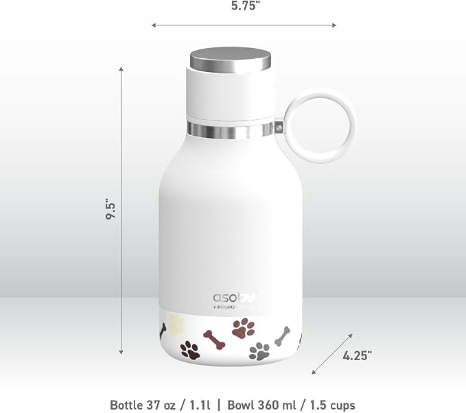 asobu Buddy Bottle, a Stainless Steel Insulated Water Bottle with Removable Dog Water Bowl and Dog Food and Treat Storage plate (White, 37 oz Water Bottle with 2 Bowls)