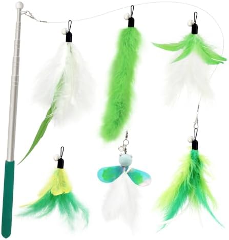 SONGWAY Cat Feather Toys Wand - 7 Pcs Interactive Cat Toys for Indoor Cats Kittens, Retractable Cat Wand with 6 Feather Teaser Refills with Bell, Cats Fishing Pole Toy, Green