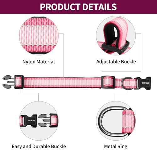 Kazazoo Large Dog Collar, Reflective Nylon Collar,No Pull,Heavy Duty Collar,Soft Neoprene Breathable & Quick Release Buckle Dog Collars for Labrador Retriever,German Shepherd,Golden Retriever Pink-XL