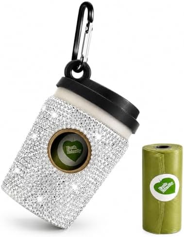 Diamond Rhinestone Coffee Cup Dog Poop Bag Holder for Leashes Leak Proof Trash Bag Dispenser with Carabiner Includes 15 Scented Dog Waste Bags Pet Walking Accessories for Cats Litter Gift