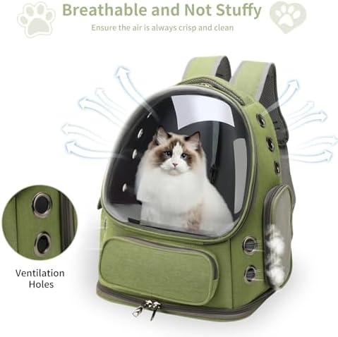 Cat Backpack Carrier for Cats and Small Dogs, Breathable Cat Bubble Backpack, Airline Approved Pet Travel Carrier for Hiking Camping Outdoor(Green)
