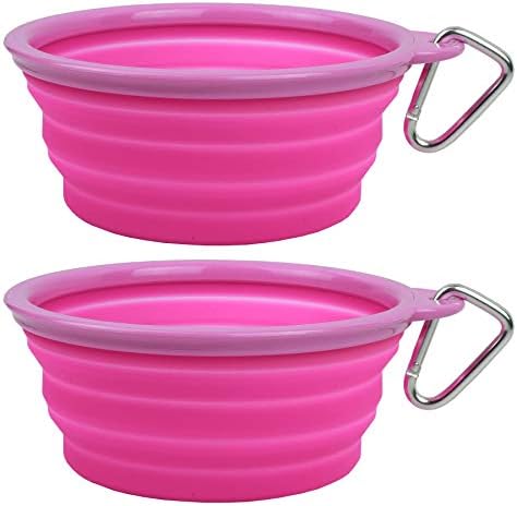 Collapsible Silicone Water Travel Bowl with Clip for Dog and Cat, Portable and Durable Pop-up Feeder for Convenient On-The-go Feeding – Size: Large (5 Cups) Pink – 2 Pack