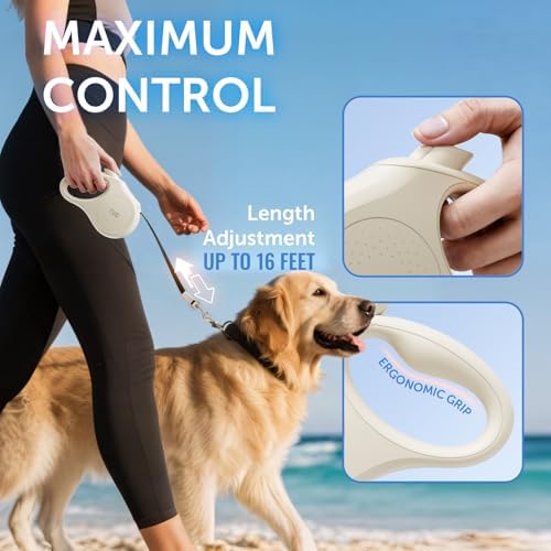 TUG Quest Retractable Dog Leash | 360° Tangle-Free | 16 ft Tape (S, Cream)