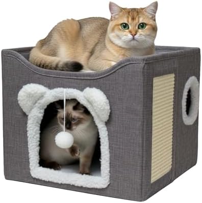 Cat Houses for Indoor Cats, Large Cats Bed Cave, Kitten Cube Box,Cat Condo with Scratching Pad, Hanging Fluffy Ball & Peekaboo Window, Foldable Hideaway Hand-Washable(16x16x13.3 Inches,Grey)