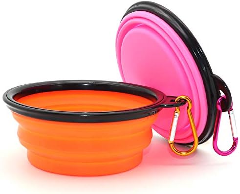 SLSON Collapsible Dog Bowls, 2 Pack, Portable Pet Feeding Watering Dish for Traveling with Carabiners (Small, Orange+Pink)
