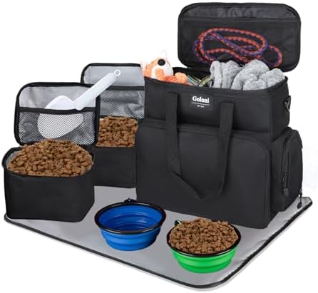 Dog Travel Bag Airline Approved–Pet Travel Tote with Collapsible Bowls,Food Containers & Feeding Mat–Multi-Pocket Organizer for Dogs & Cats, Durable & Water-Resistant for Hiking,Trips,Outdoors