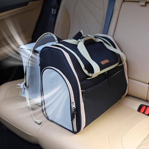 Expandable Cat Carrier Backpack, Foldable Pet Backpack for Small Dog Ferret Rabbit, Airline Approved Breathable Mesh Backpack with Sun Shade for Outdoor, Black, 16x9x13.5 Inch