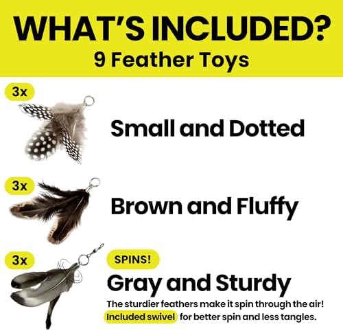 Cat Feather Toy Refill 9-Pack, Natural Feather Cat Toys for Kittens & Bored Indoor Cats, Small Cat Wand Attachments, Feather Replacement for Forever Stick Cat Wand, Cat Wand Refill