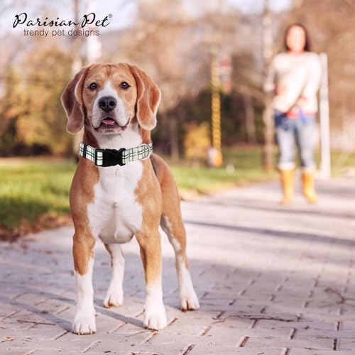 Parisian Pet Plaid Dog Collar - Adjustable Scottish Khaki Pet Collar with Secure Buckle and Metal D-Ring - Comfortable Designer Puppy Collars - Durable Nylon Checkered Dog Collars for Small Dogs