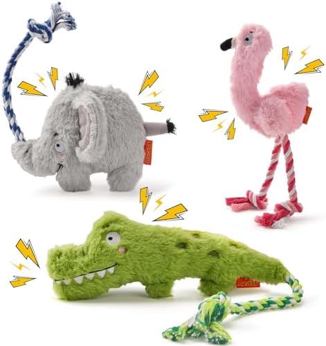 AUSCAT Plush Dog Rope Toy, Durable Squeaky Dog Toys for Puppy Small Medium Dogs (Not for Aggressive Chewers), Crocodile & Elephant & Flamingo