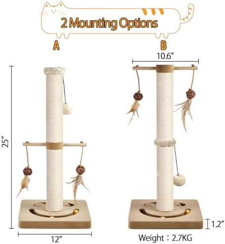 AUSCAT Cat Scratching Post with Multiple Interactive Toys, Vertical Sisal Cat Scratcher for Indoor Cats and Kittens, 24.8 inches, Beige