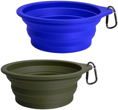 PetBonus 2-Pack Silicone Collapsible Dog Bowls, BPA Free Dishwasher Safe, Portable Foldable Expandable Travel Bowl, Food Water Feeding Cup Dish for Dogs Cats with 2 Carabiners (Army Green, Blue)