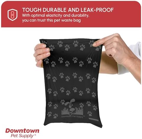Downtown Pet Supply Poop Bags for Dogs with Dispenser, 220 Count - Leak-Proof Dog Waste Bags and Bone-Shaped Dog Poop Bags Holder for Leash - Black with Paw Prints, 12.5" x 8.5"