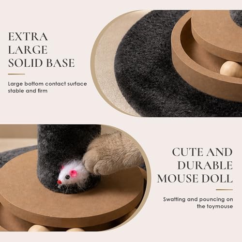 47" Cat Scratching Post, Nature Sisal Rope Cat Scratcher Tree, Durable Scratcher Post with Hanging Ball, Mouse Hole & Ball Track, 3-Layer Stable Wood Base for Large Cats & Adult Cats
