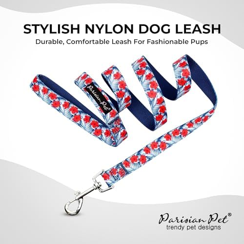 Parisian Pet Floral Dog Leash - Nylon Heavy Duty Training Blue Leashes for Dogs with Comfortable Handle - Strong Metal Clip 4Ft Hibiscus Puppy Leash - Chew Proof Leashes for Small and Medium Dogs