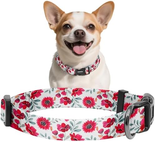 Kazazoo Dog Collar Cute and Soft Nylon Puppy Collar for Boy and Girl Dogs, Adjustable Dog Collars for Extra Small Dogs, Red Flowers-XS