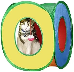 Andiker Cat Tunnel, Foldable Square Colorful Kitten Pop Up Tent Matches with Most Cat Tubes Polyester Kitten Tent with a Bell Ball 3 Holes Kitten Tubes to Hide Play (Square S)