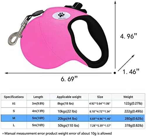 16ft Retractable Dog Leash for Medium Breed Dogs up to 44 lbs with a Detachable Chew Proof Extender Wire Ropes (Pink M)