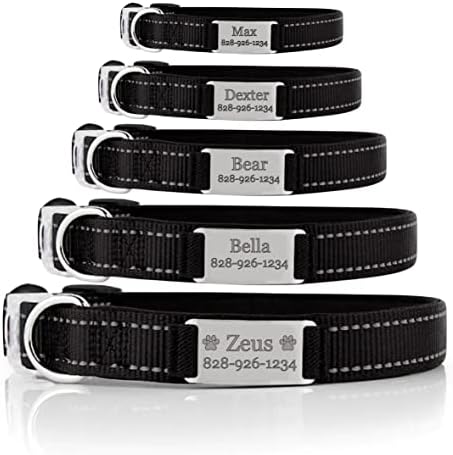 Personalized Dog Collar - Custom Engraved ID Tags with Reflective Material - Small Medium or Large Size with Name Plate (X-Small, Black)