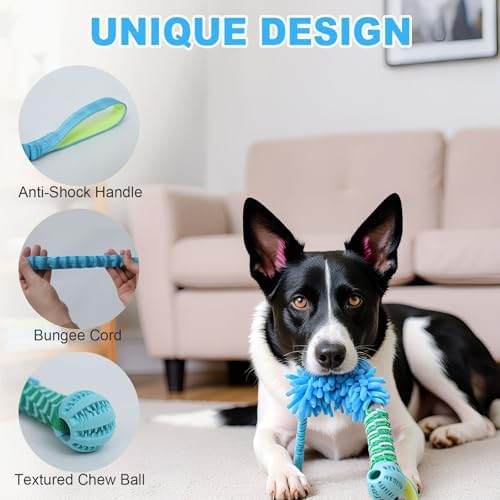 Dog Tug Toy - Interactive Dog Rope Toys, Stretchy Bungee Handle, Strong Squeak Rope Toy for Large Dogs, Puppies, Middle Dogs (Blue)