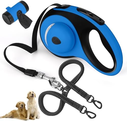 Dual Retractable Dog Leash for 2 Medium Dogs (Up to 66LBS Each) - Double Headed Pet Leash with Poop Bags and LED Light, One Button Brake & Lock, 360 Tangle-Free (Blue, Medium)