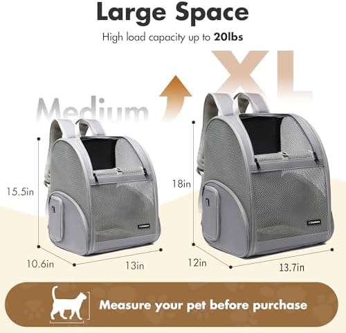 Pet Backpack Carrier ，Large Cat Carrier Backpack Up to 20 Lbs with Breathable Mesh, for Medium Large Cats or Small Dogs, Travel Hiking Camping Backpack (Gray-XL)