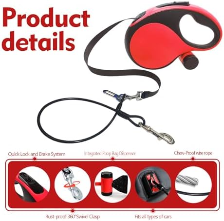 26Ft Retractable Dog Leash with Chew Proof Cable,Heavy Duty Dog Leash with Removable Poop Bags for Medium Large Dogs up to 110lbs,Strong Nylon Tape No Tangle,One-Handed Brake (Red)